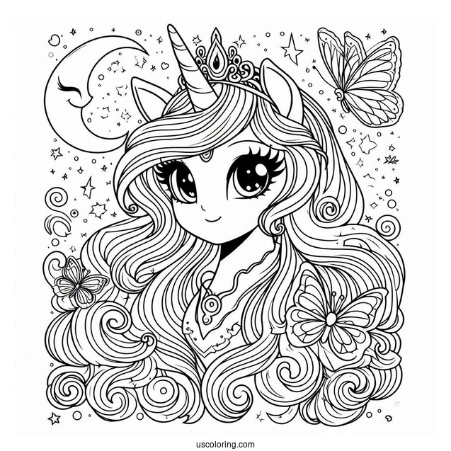 Princess Luna Coloring Page Surrounded By Stars And Butterflies