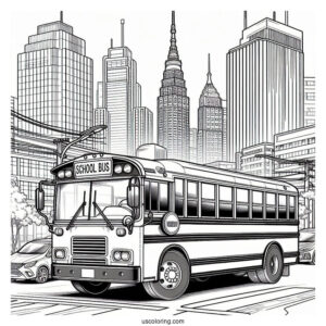 Realistic School Bus Coloring Page In A Busy City