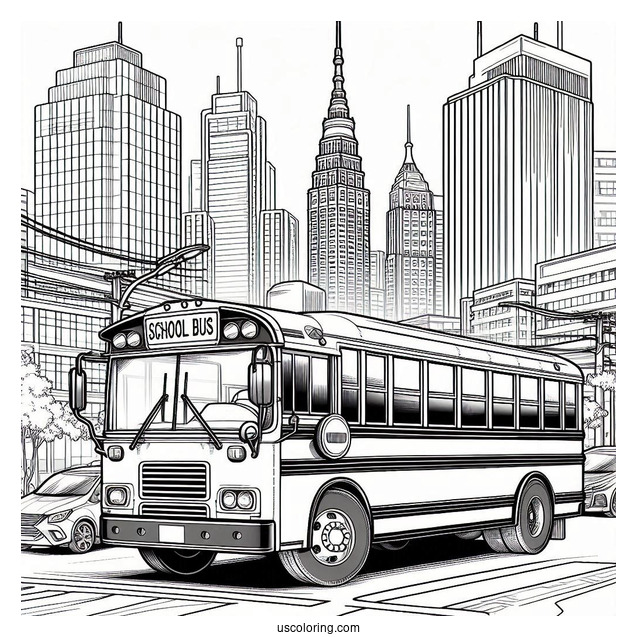 Realistic School Bus Coloring Page In A Busy City