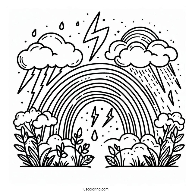 Rainbow With Storm Clouds And Lightening To Color