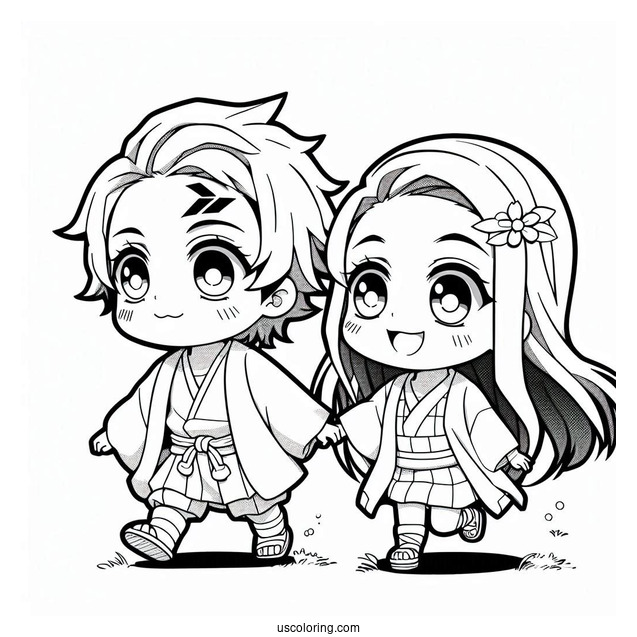 Chibi Tanjiro And Nezuko coloring Page Playing Outdoors For Kids