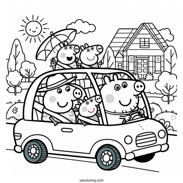 Peppa Pig Family Driving In Car Coloring Page
