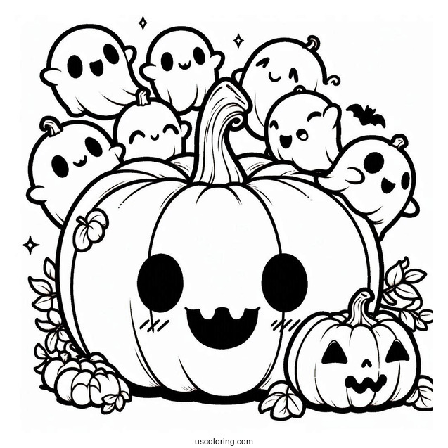 Pumpkin Coloring Page Of Chibi Ghosts Coming Out Of A Smiling Jack O Lantern