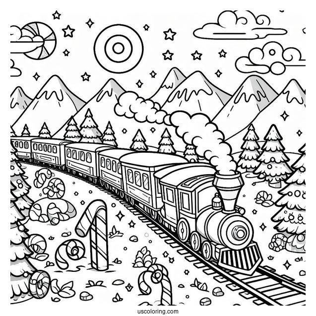 North Pole Coloring Page Express Train Going Through Candyland