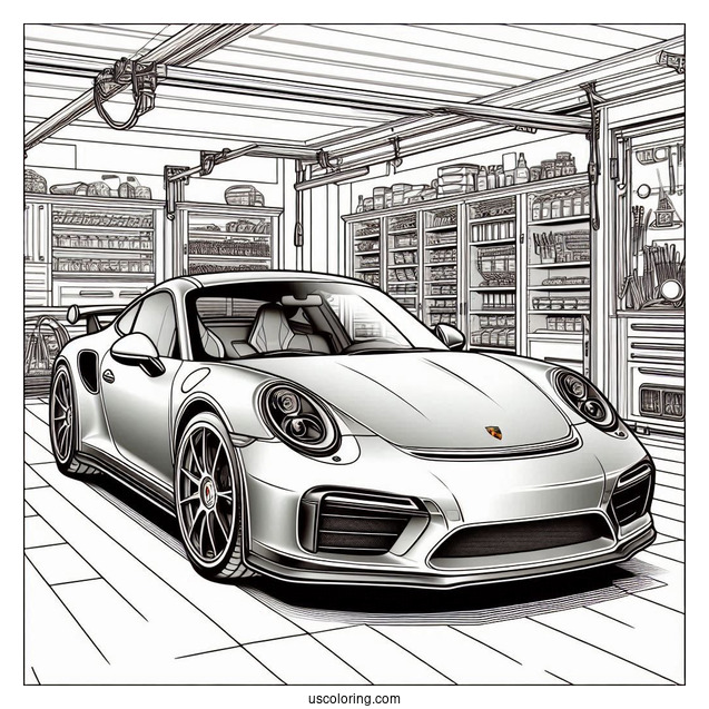 Sleek Porsche Coloring Page Parked In Garage