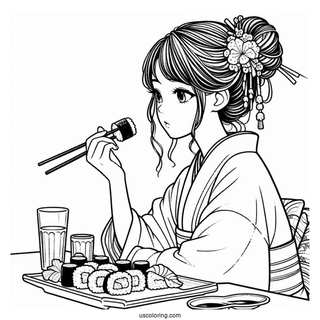 Japanese Women Eating Sushi Coloring Pages