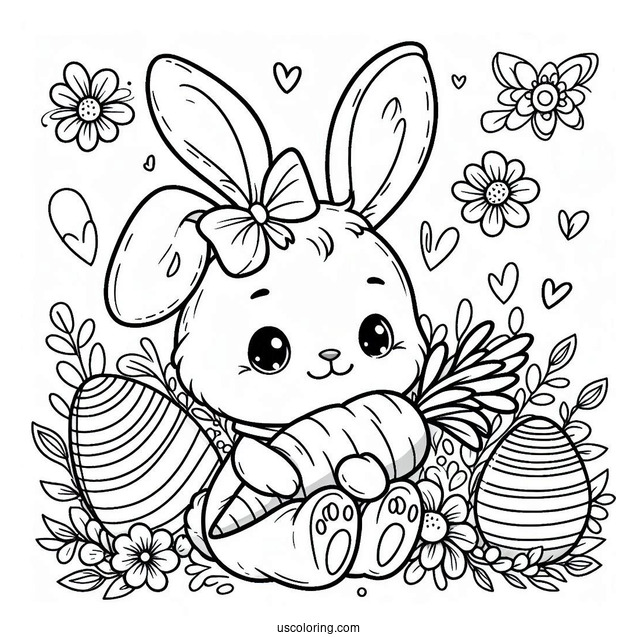 Cute Easter Coloring Page Of Bunny Hugging A Carrot For Preschoolers