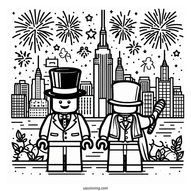 New Year Coloring Page Of Lego Gentleman With City And Fireworks Behind Him For Kids