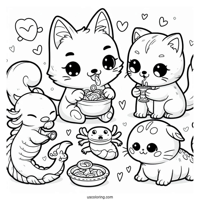 Kawaii Fox, Bird, Axolotl, And Cat Eating Together