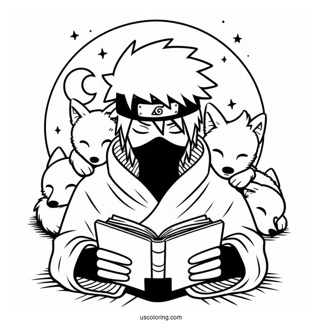 Kakashi Coloring Page Reading While Pakun And The Pack Sleeps Around Him