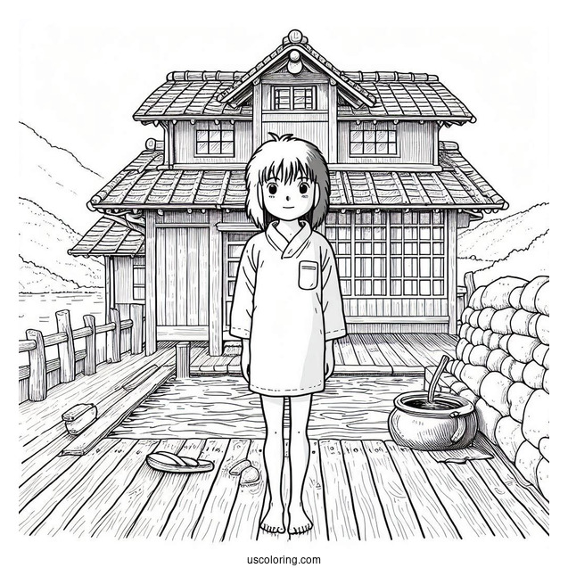 Studio Ghibli Coloring Page of Chihiro Standing In Front Of Bath House