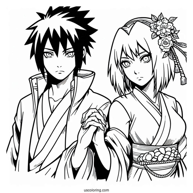 Sakura And Sasuke Coloring Page In Modern Clothes