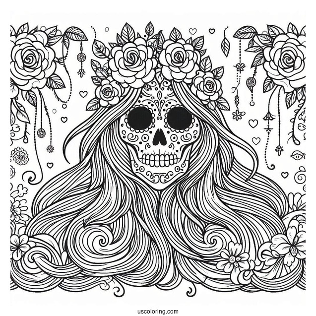 Sugar Skulls Coloring Page With Hair And Floral Background