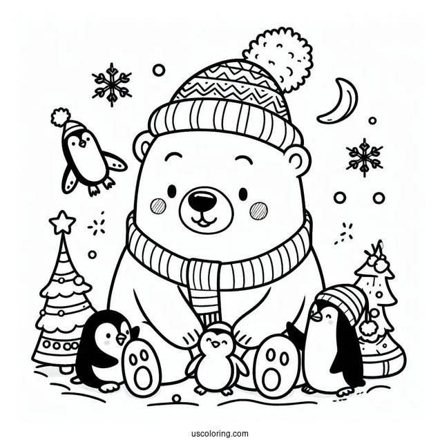 Coloring Page Of Cartoon Polar Bear With Penguins On Christmas