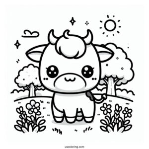 Cute Coloring Page Of Chibi Cow In A Field For Preschoolers