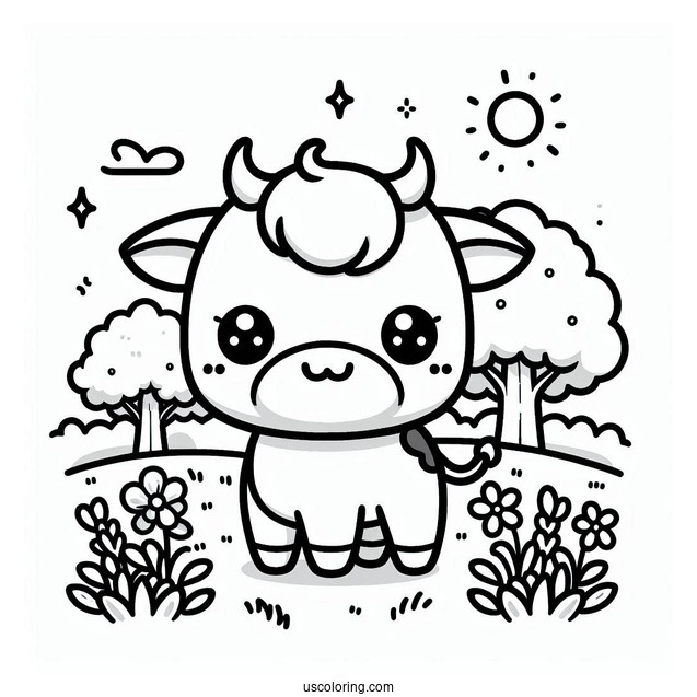 Cute Coloring Page Of Chibi Cow In A Field For Preschoolers