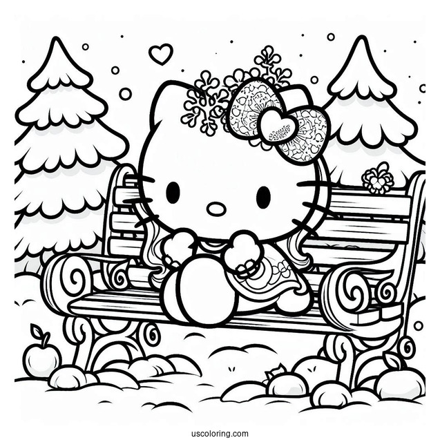 Hello Kitty Sitting On A Bench With Snow White Coloring Pages
