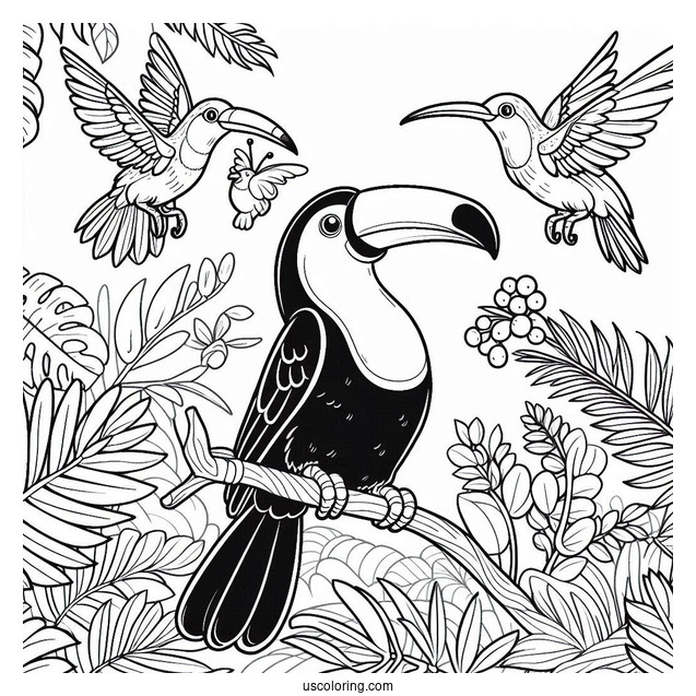Toucans And Hummingbirds In The Jungle Coloring Page