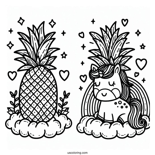 Adorable Pineapple Coloring Page Unicorn With Rainbow For Kids