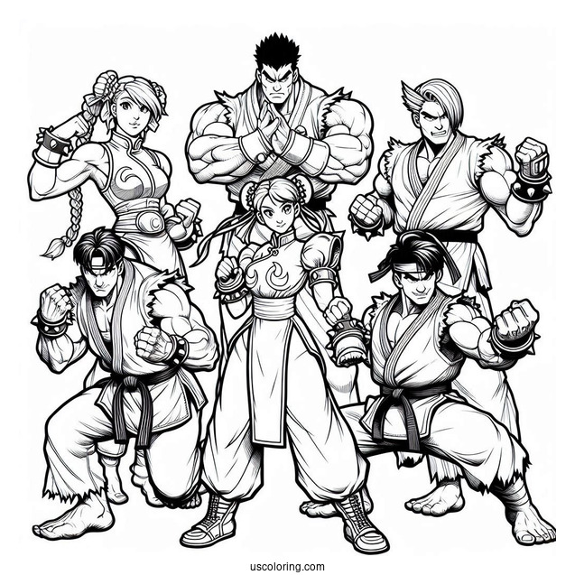 Street Fighter Coloring Page Of Ryu, Lucia, Chun Li, Urien, Rose, And M Bison
