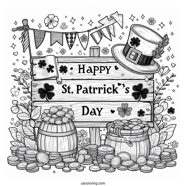 St. Patrick's Day Coloring Page Of St Patrick s Day Wooden Sign With Leprechaun Hat, Shamrocks, Irish Flag, And Gold Coins
