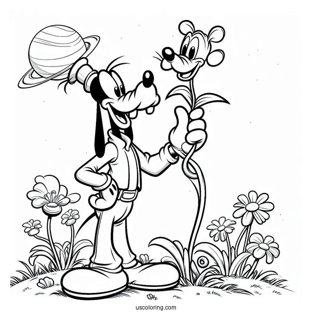 Goofy Standing With Pluto Coloring Page In Field