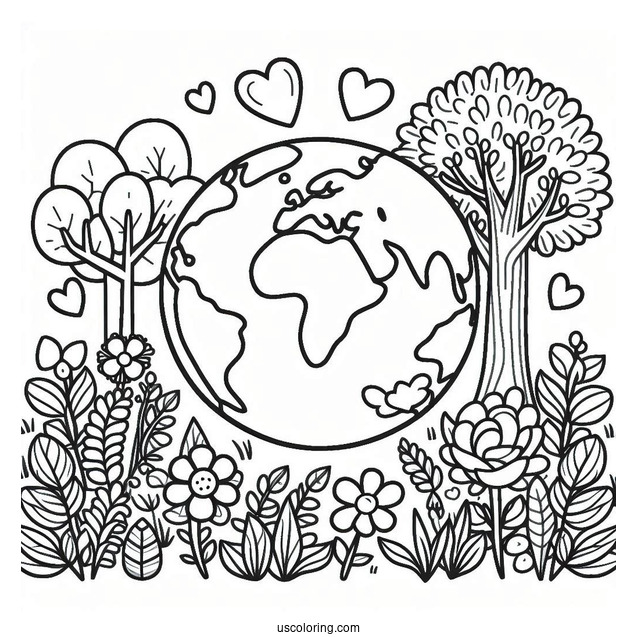 Tree And Flower Bushes Growing Around Earth Coloring Page