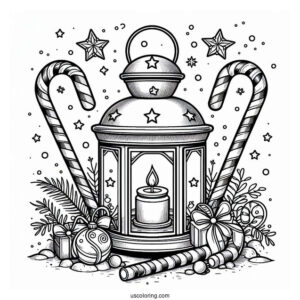 Christmas Coloring Pages For Adults Of Christmas Lantern With Candy Canes In Background