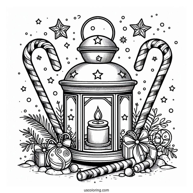 Christmas Coloring Pages For Adults Of Christmas Lantern With Candy Canes In Background
