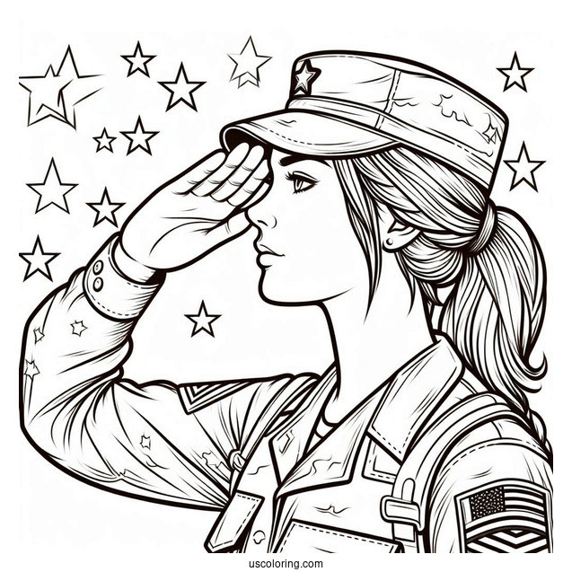 American Soldier Coloring Page Saluting With Stars In Background