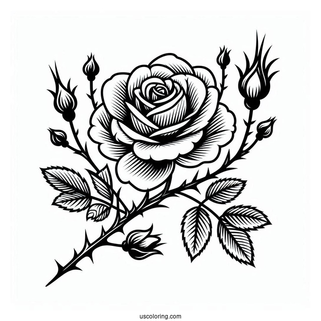 Flower Coloring Pages Of Blooming Rose With Thorns