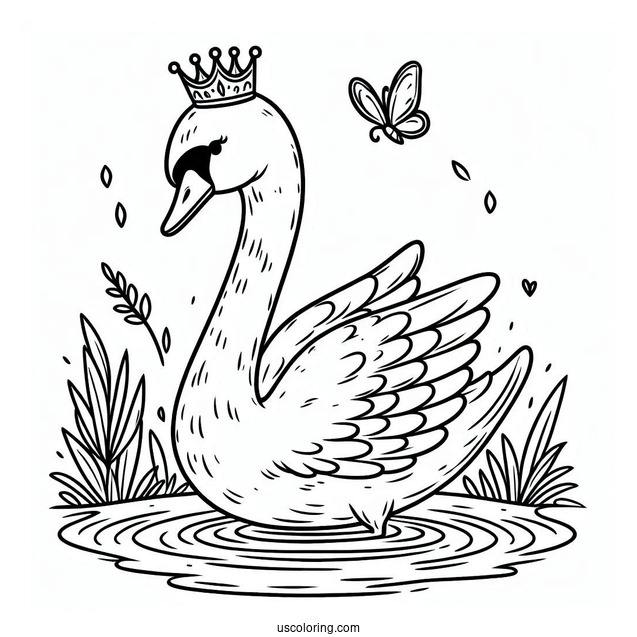Swan Coloring Page With Crown In The Pond