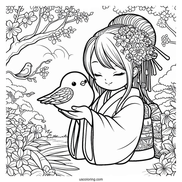 Nezuko Coloring Page Caring For Bird In Japanese Garden