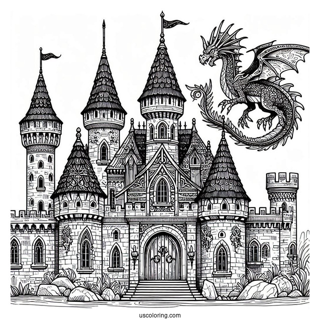 Middle Ages Castle Coloring Page With Dragon