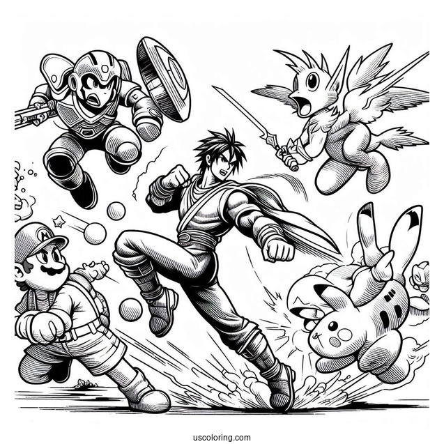 Super Smash Bros Coloring Page Of Characters Fighting For Kids