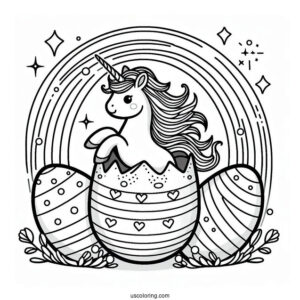 Unicorn Popping Out Of Easter Egg On Rainbow Coloring Sheet
