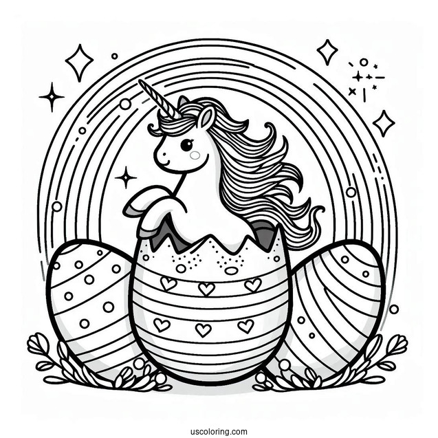 Unicorn Popping Out Of Easter Egg On Rainbow Coloring Sheet