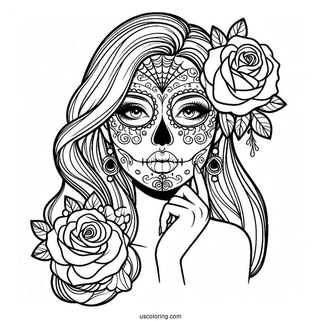 Woman With Sugar Skulls Coloring Page Face Paint And Rose Tucked Behind Her Ear