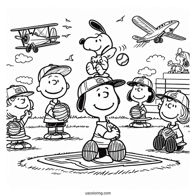 Coloring Page Of Peanuts Gang Playing Baseball