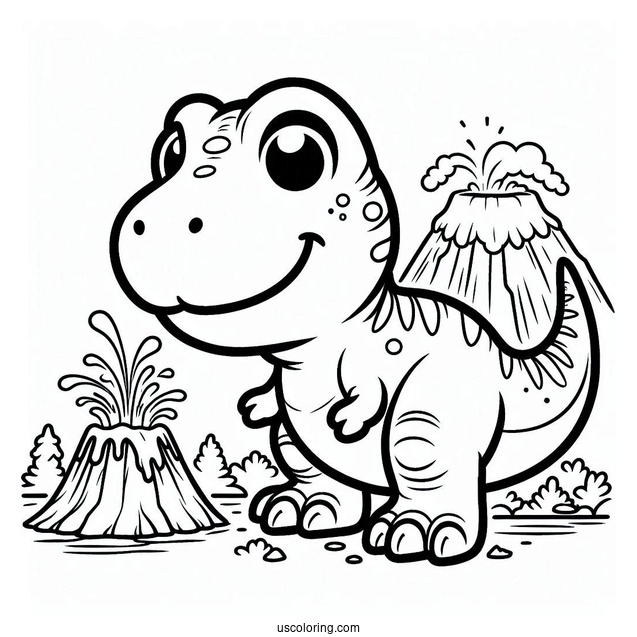 Cartoon T-Rex With Volcano Coloring Page