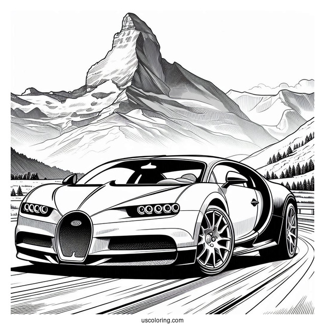 Close Up Of Bugatti Coloring Page Chiron With Mountains In Background