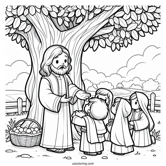 Cartoon Jesus Coloring Page Teaching Children Under The Tree For Kids