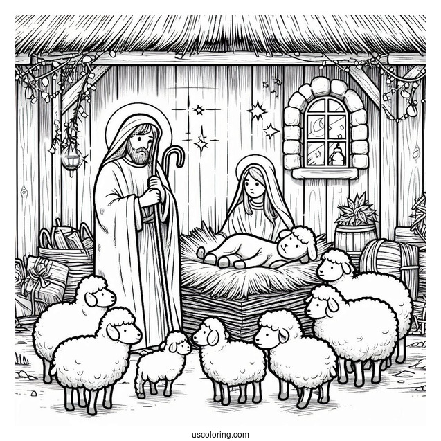 Nativity Coloring Page of Jesus In a Stable And Sheep
