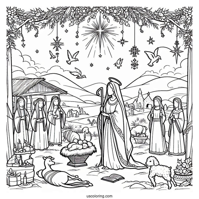 Easy Nativity Coloring Page Scene For Kids