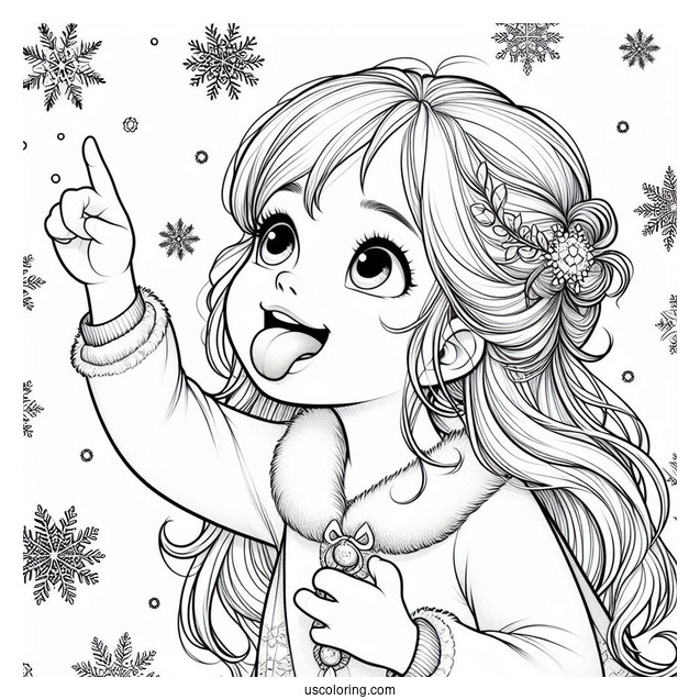 Realistic Little Girl Sticking Tongue Out To Catch Snowflake Coloring Page