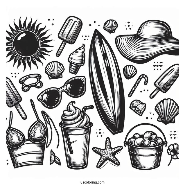 Summer Coloring Page Surf Board, Goggles, Popsicle, Hat, Seashell, Bucket, Drink, Sun, And Umbrella