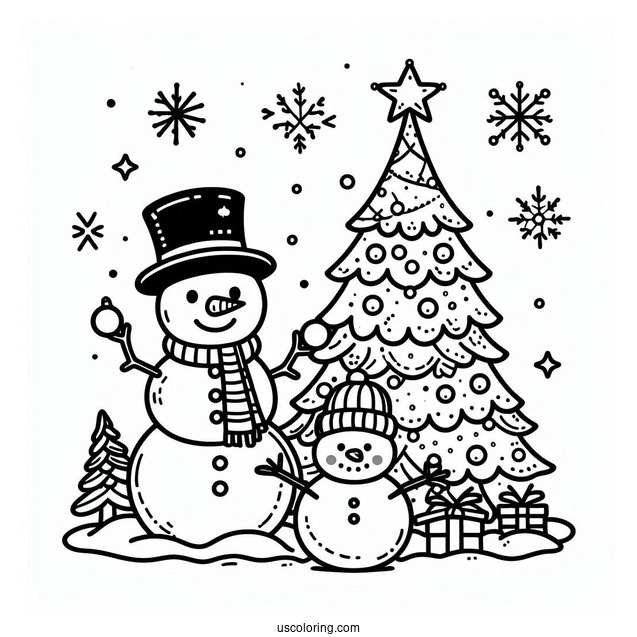 Snowman And Christmas Tree To Color