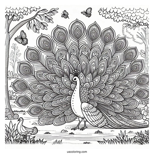 Peacock Coloring Page with Fully Fanned Tail in Forest Clearing For Adults