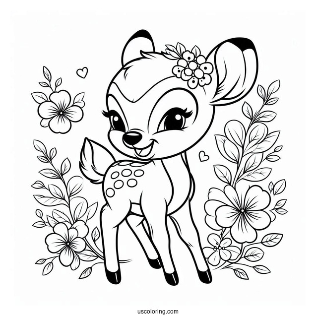 Smiling Bambi, Blossom, And Flower Coloring In For Kids v2