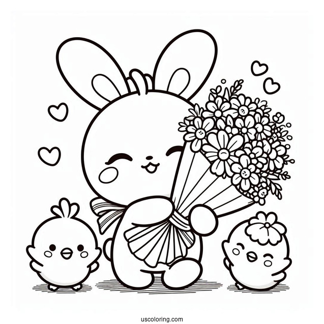 Easy Pochacco Coloring Page Holding Flower Bouquet With Choppy And Chicks